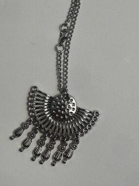 Silver Fan Pendant Necklace with Dangle Drops